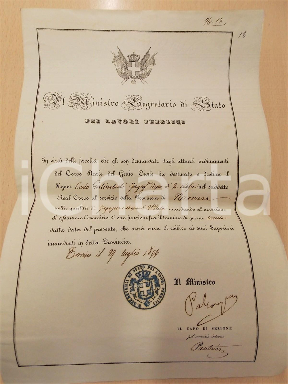Documento originale, autentico 1856 TORINO Autografo ministro Pietro PALEOCAPA su decreto per Carlo GALIMBERTI 1