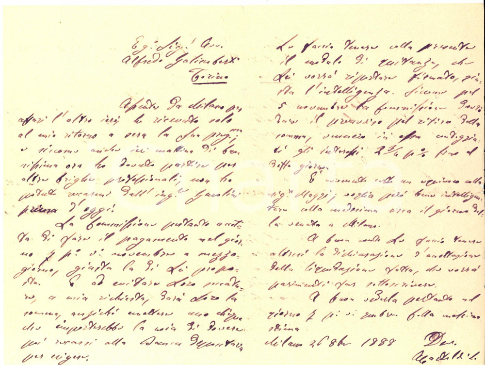 Documento originale, autentico 1888 MILANO Avv. Lodovico GASTOLDI al collega Alfredo GALIMBERTI Lettera 1
