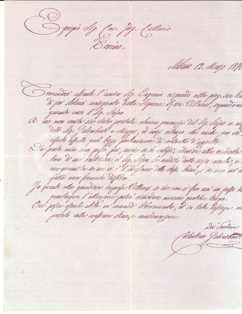 Documento originale, autentico 1870 MILANO Ing. Costantino GALIMBERTI sulla grandiosa impresa VILLORESI 1