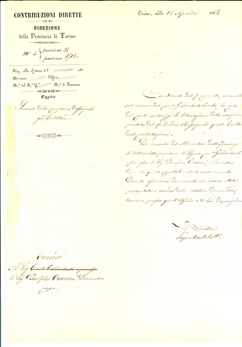 Documento originale, autentico 1862 TORINO Cauzione del defunto Teodoro ROSSIGNOLI Lettera Luigi BERTOLOTTI 1