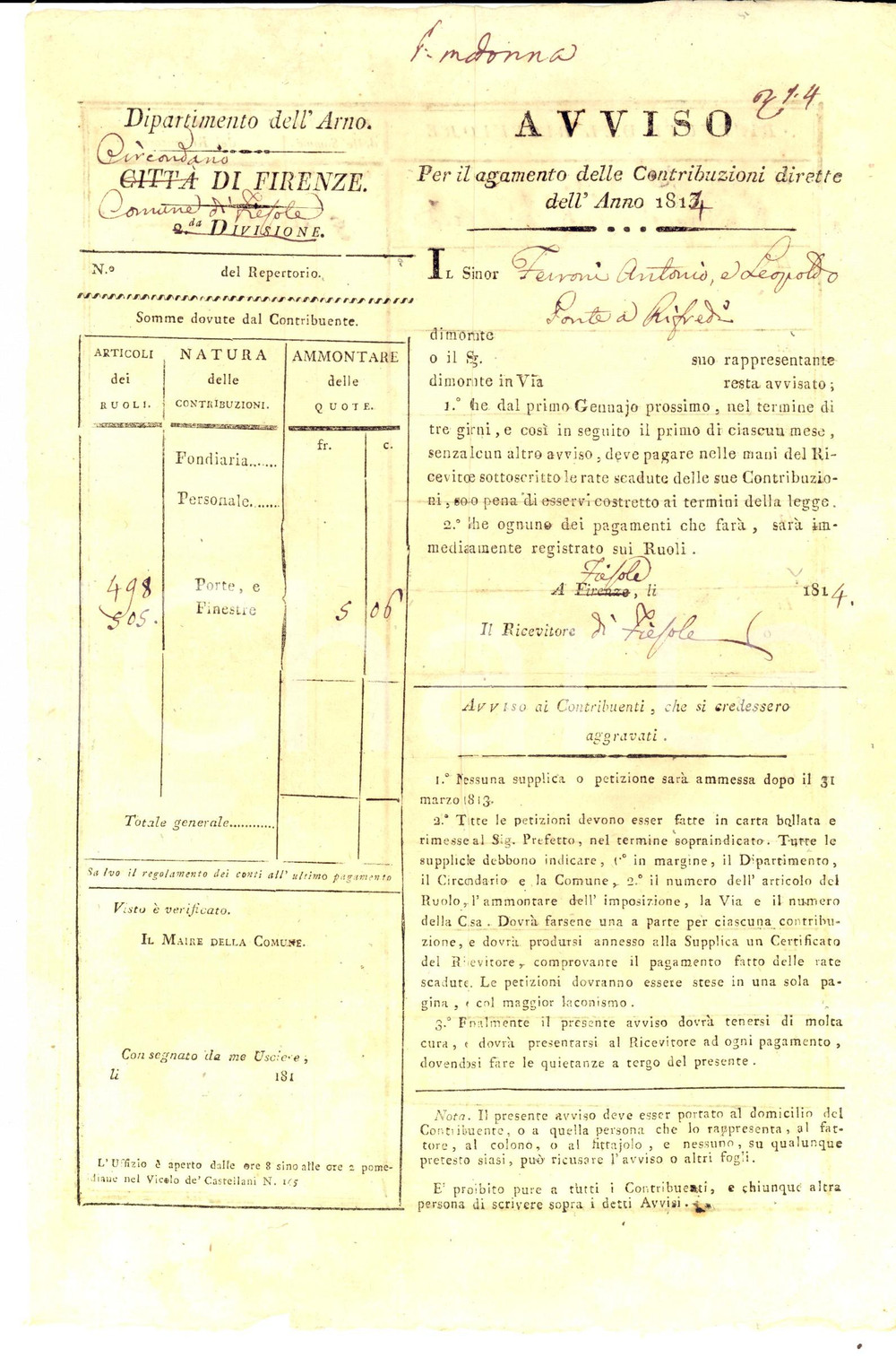 Documento originale, autentico 1814 FIRENZE Dipartimento dell ARNO Antonio Leopoldo FERRONI contribuente moroso 1