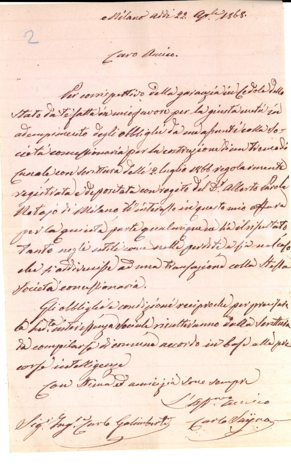 Manoscritto, lettera originale 1868 MILANO Garanzie ing. Carlo GALIMBERTI per costruzione del canale VILLORESI 1