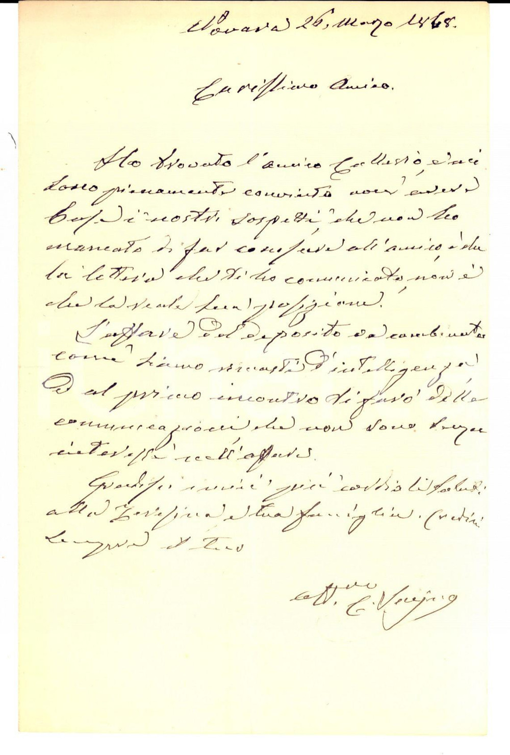 Manoscritto, lettera originale 1868 MILANO Ing. Carlo SAJNO concorda strategia con il socio Carlo GALIMBERTI 1