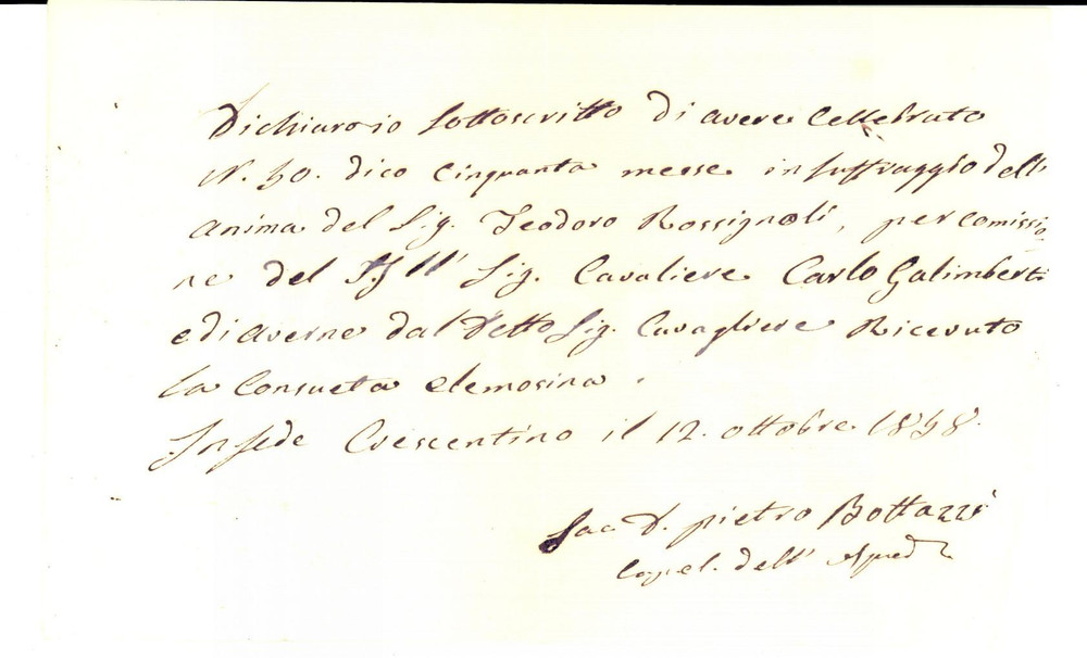 Documento originale, autentico 1858 CRESCENTINO VC Messe di don Pietro BOTTAZZI pro Teodoro ROSSIGNOLI 1