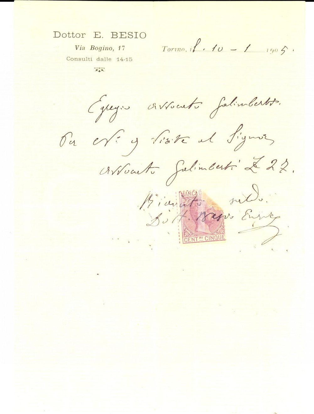 Manoscritto, lettera originale 1905 TORINO Onorari del dott. Enrico BESIO Parcella 1