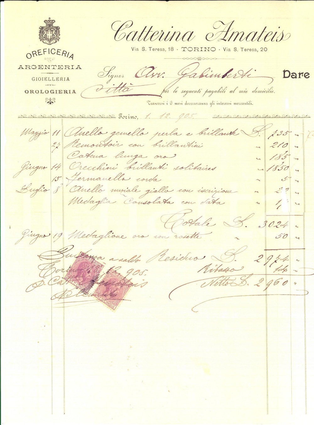 Documento originale, autentico 1905 TORINO Caterina AMATEIS gioielleria Ricevuta per orecchini DANNEGGIATA 1