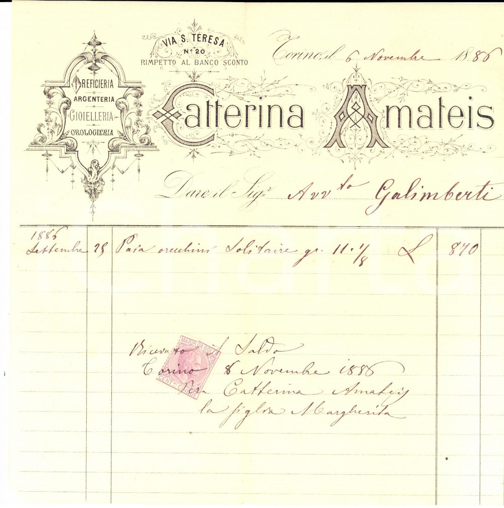 Documento originale, autentico 1886 TORINO Caterina AMATEIS gioielleria Ricevuta per orecchini solitaire 1