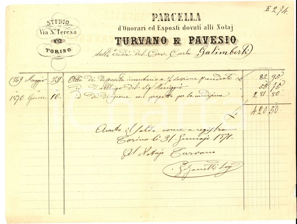 Manoscritto, lettera originale 1871 TORINO Parcella dello studio notarile TURVANO E PAVESIO Manoscritta 1