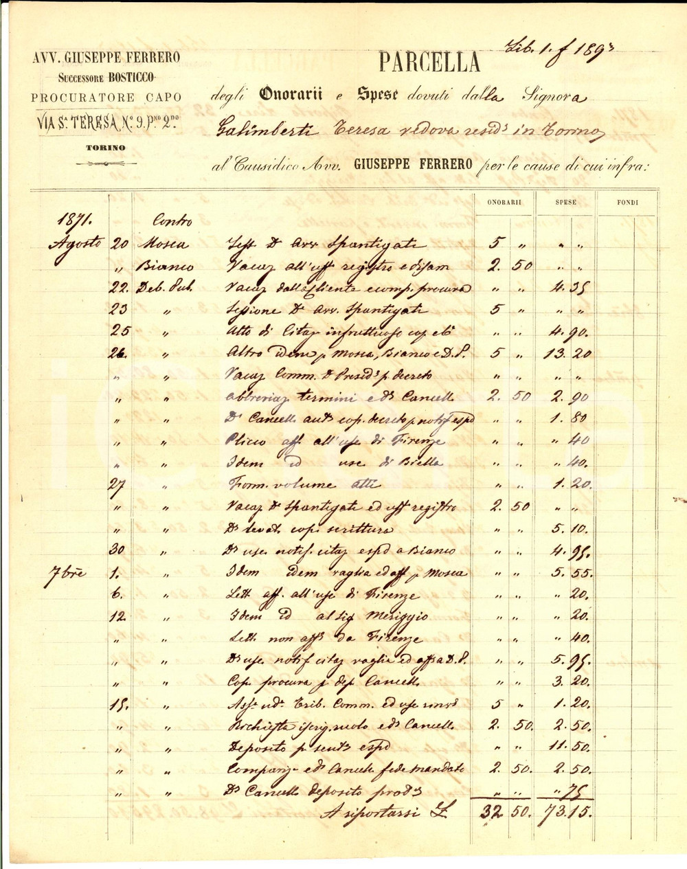 Manoscritto, lettera originale 1871 TORINO Parcella dell avv. Giuseppe FERRERO procuratore collegiato 1