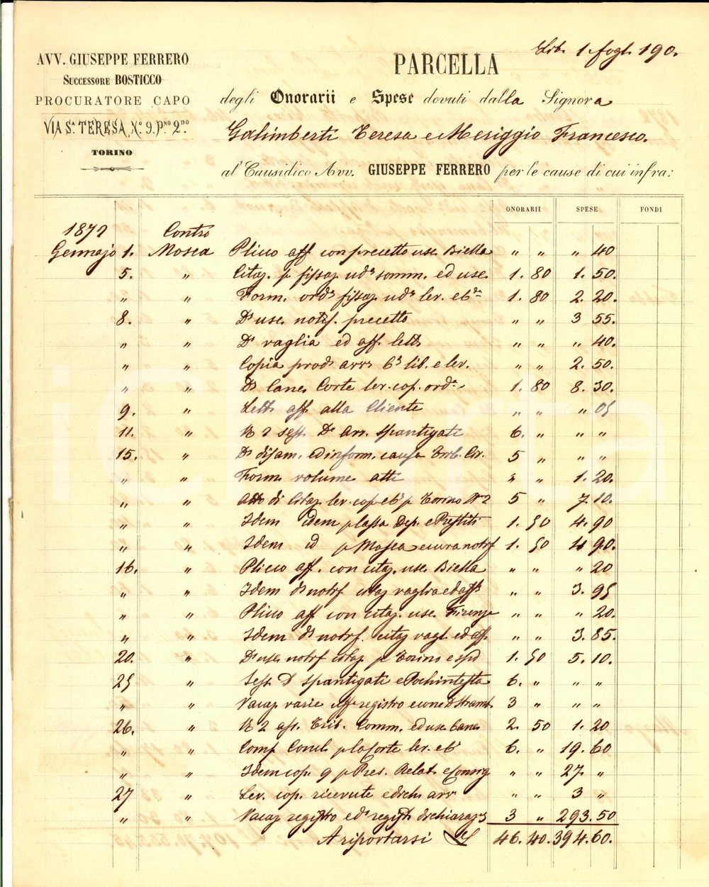 Manoscritto, lettera originale 1872 TORINO Parcella dell avv. Giuseppe FERRERO procuratore collegiato 1