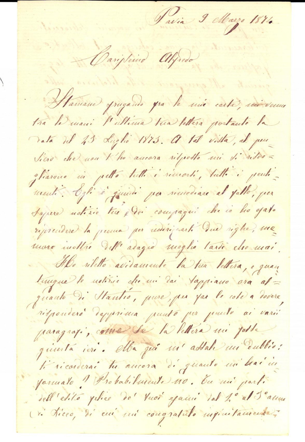 Manoscritto, lettera originale 1874 PAVIA Il mio tavolo é pieno di teschi Carlo SUZANI studente in medicina 1