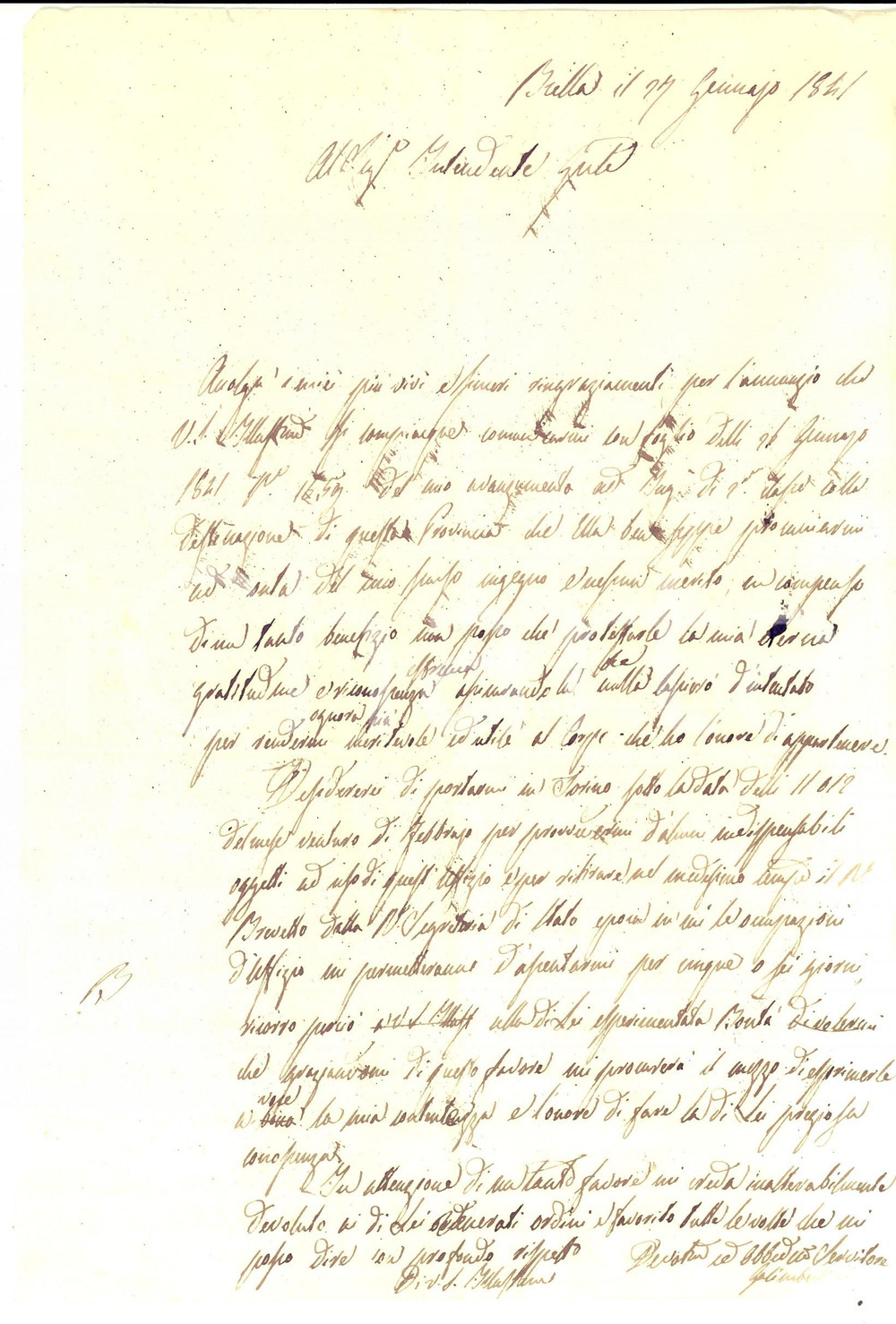 Manoscritto, lettera originale 1841 BIELLA Carlo GALIMBERTI ringrazia per l avanzamento di carriera Lettera 1