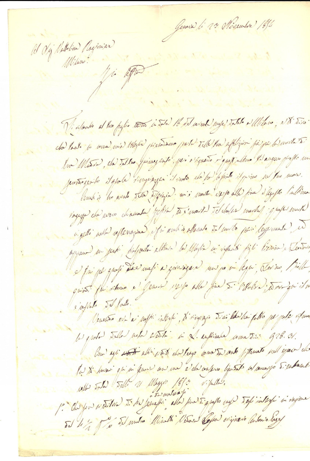 Manoscritto, lettera originale 1854 GENOVA Carlo GALIMBERTI e la morte della figlia minore per colera 1