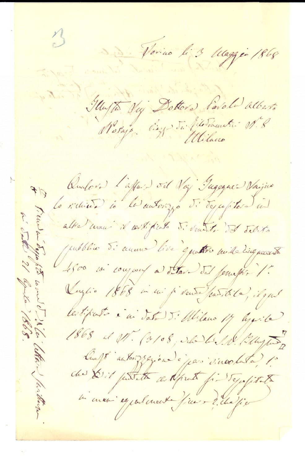 Manoscritto, lettera originale 1868 TORINO Ing. Carlo GALIMBERTI autorizza il notaio Alberto PAROLA Lettera 1