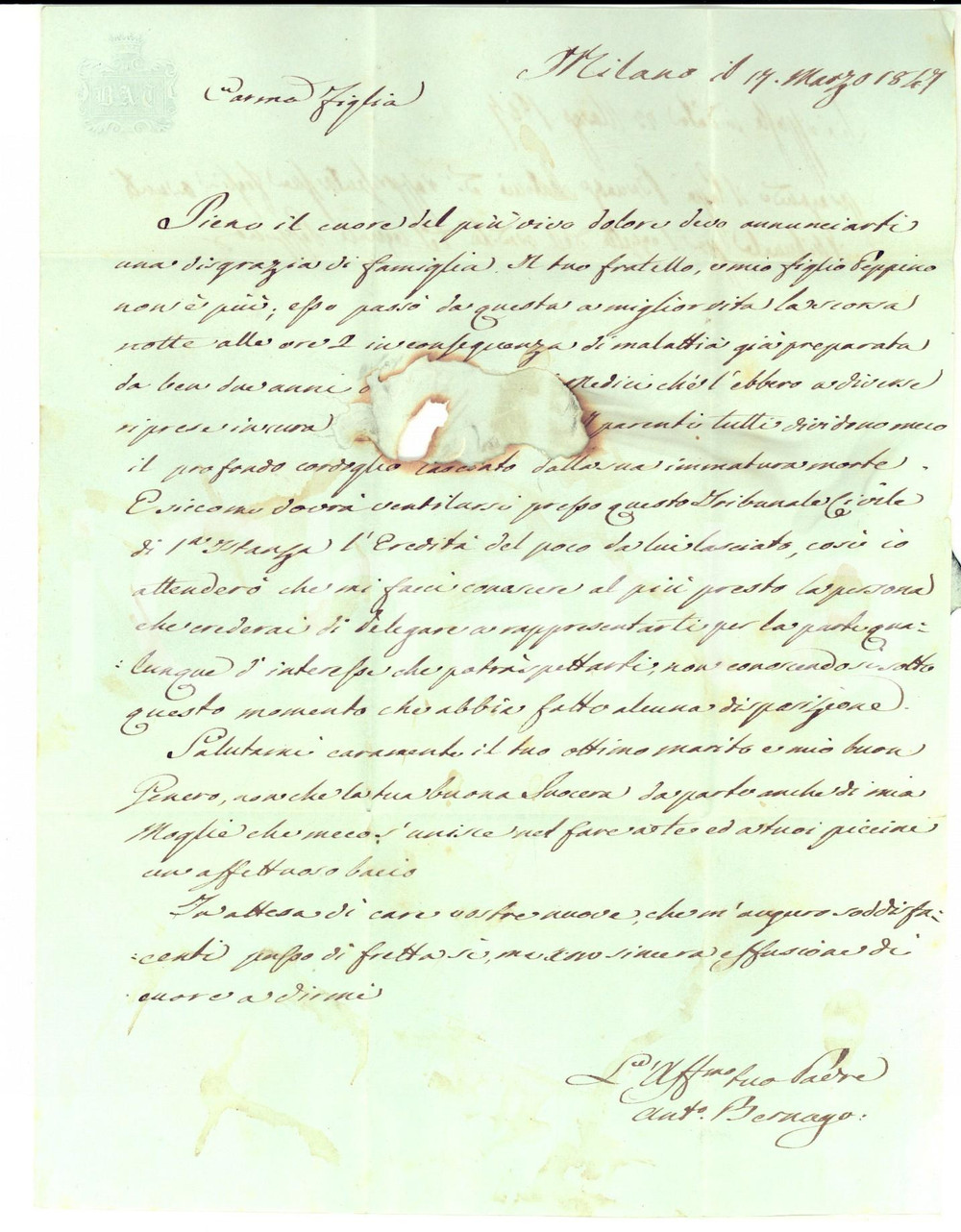 Manoscritto, lettera originale 1847 MILANO Antonio BERNAGO annuncia la morte del figlio per malattia Lettera 1