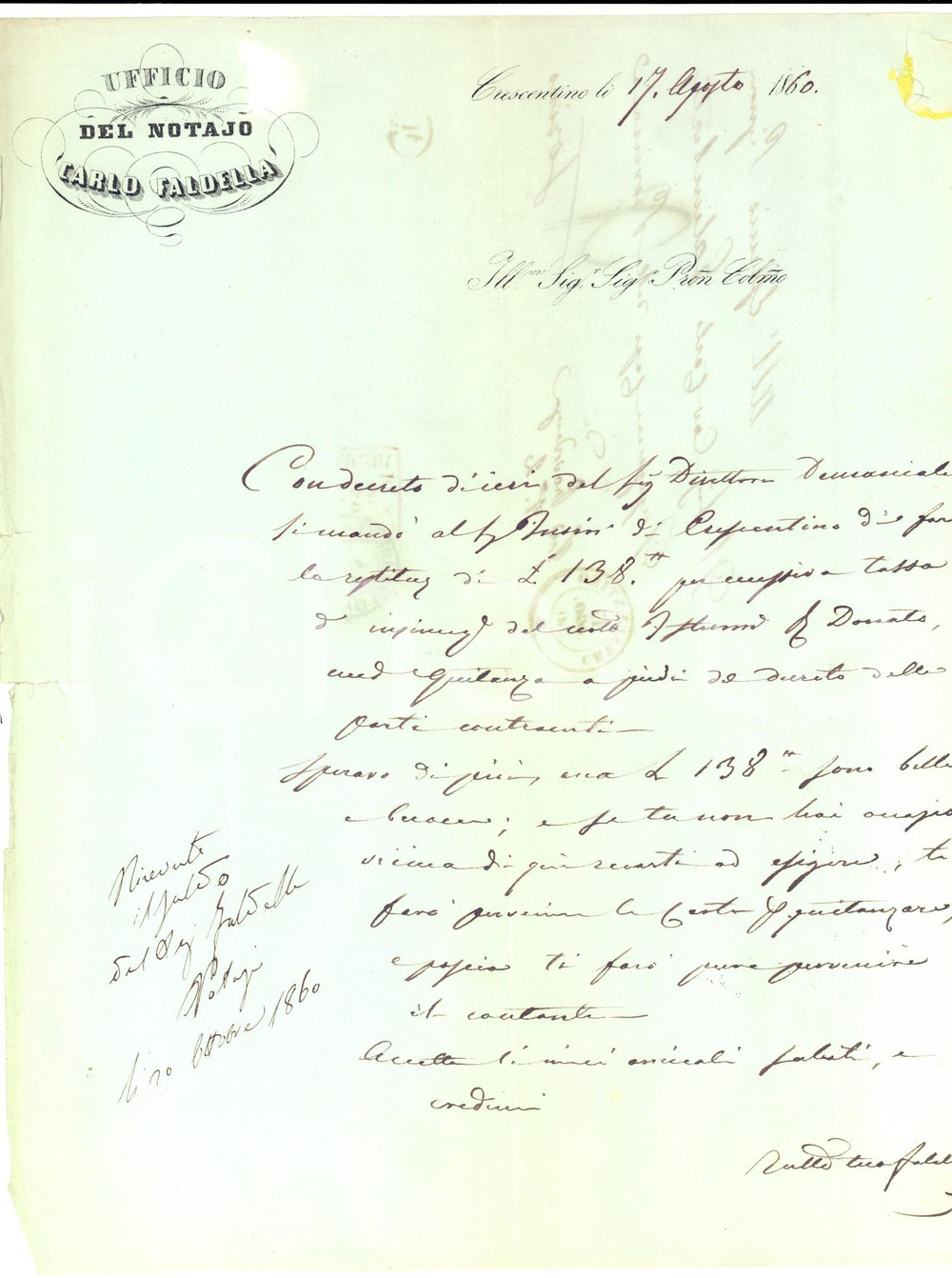Manoscritto, lettera originale 1860 CRESCENTINO VC Notaio Carlo FALDELLA invia carte per quietanzare 1