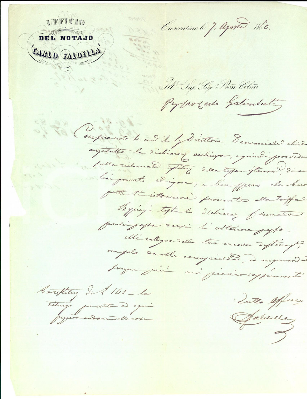 Manoscritto, lettera originale 1860 CRESCENTINO VC Notaio Carlo FALDELLA all ing. Carlo GALIMBERTI 1