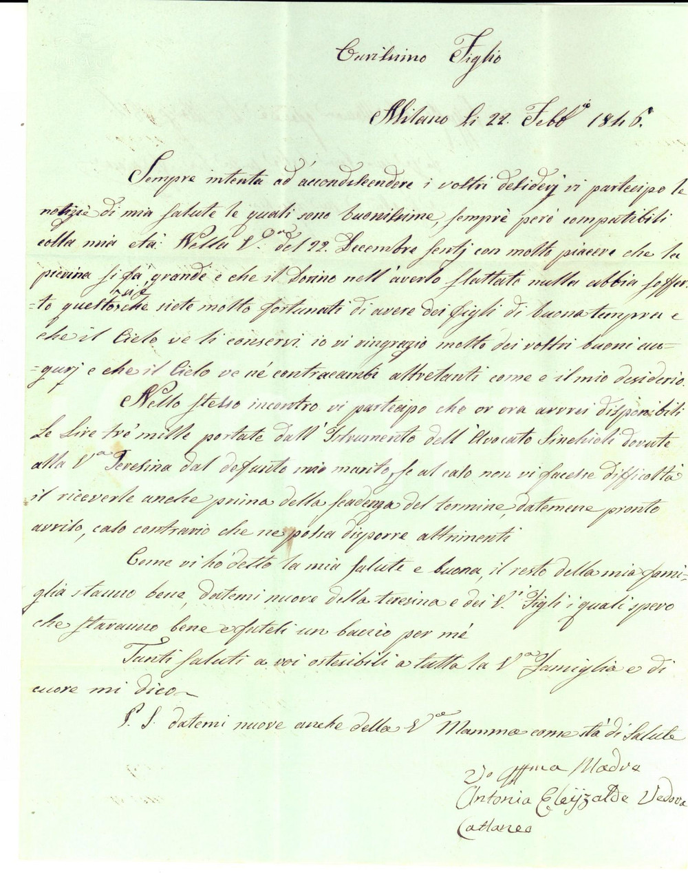Manoscritto, lettera originale 1846 MILANO Lettera Antonia ELEIZALDE CATTANEO al genero Carlo GALIMBERTI 1