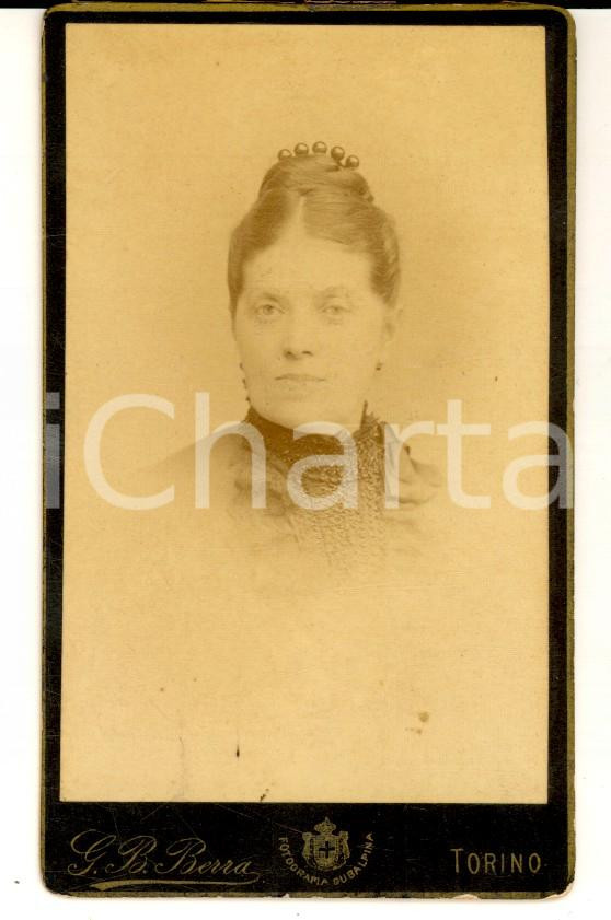 Fotografia d epoca originale 1885 ca TORINO Ritratto dI donna con acconciatura raccolta Foto G. B. BERRA 1
