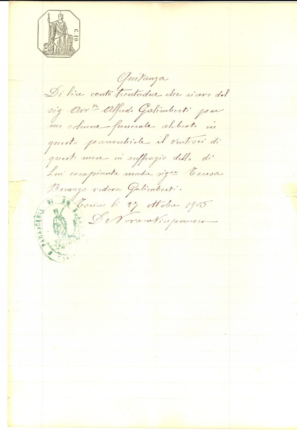Documento originale, autentico 1905 TORINO Quietanza per funerali di Teresa BERNAGO GALIMBERTI Manoscritto 1