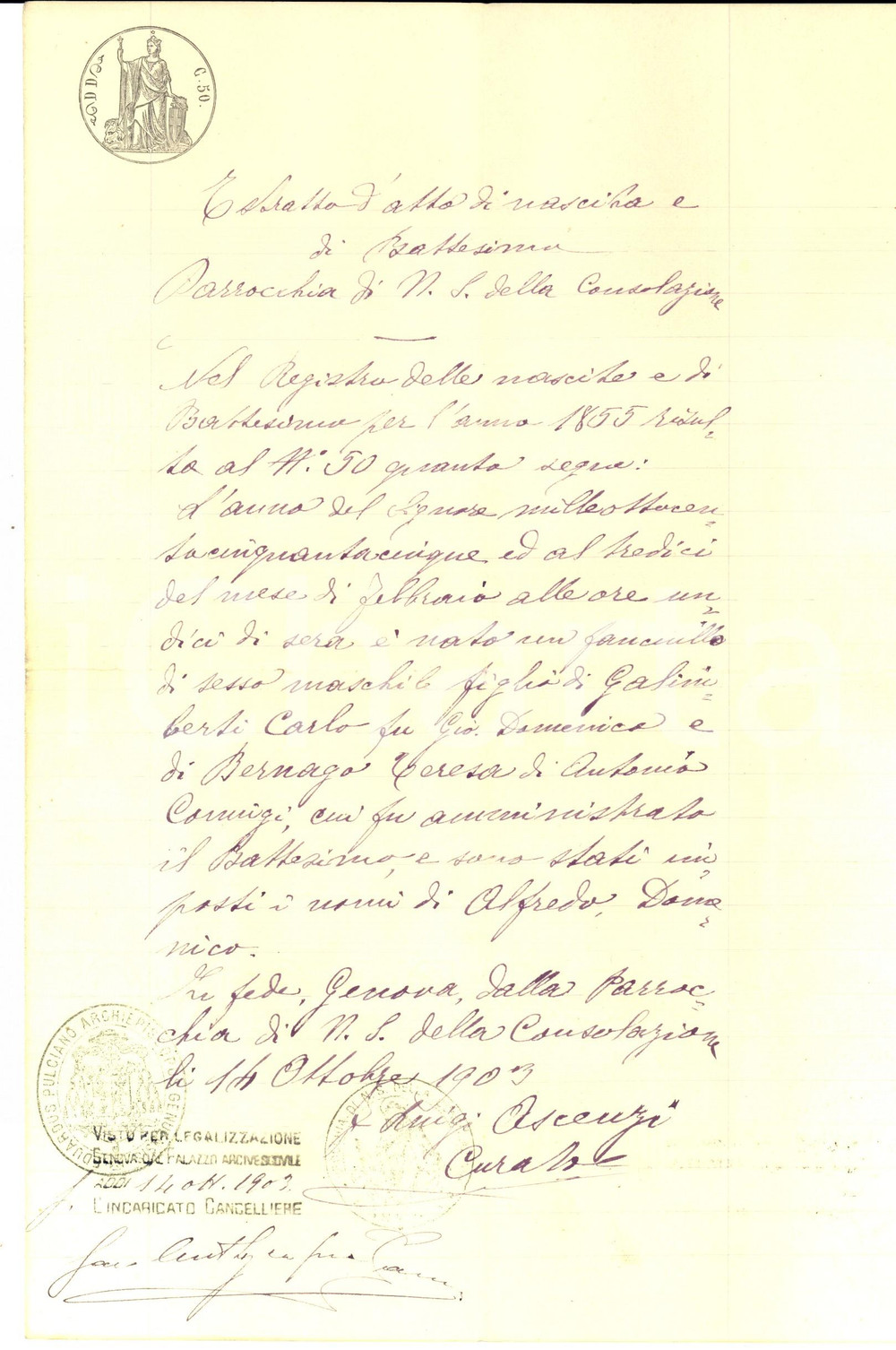 Documento originale, autentico 1903 GENOVA Parrocchia N. S. Consolazione Battesimo Alfredo GALIMBERTI 1