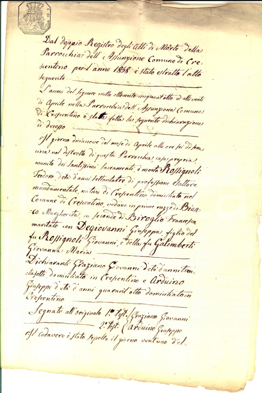 Documento originale, autentico 1858 CRESCENTINO VC Atto di morte di Teodoro ROSSIGNOLI Manoscritto 1