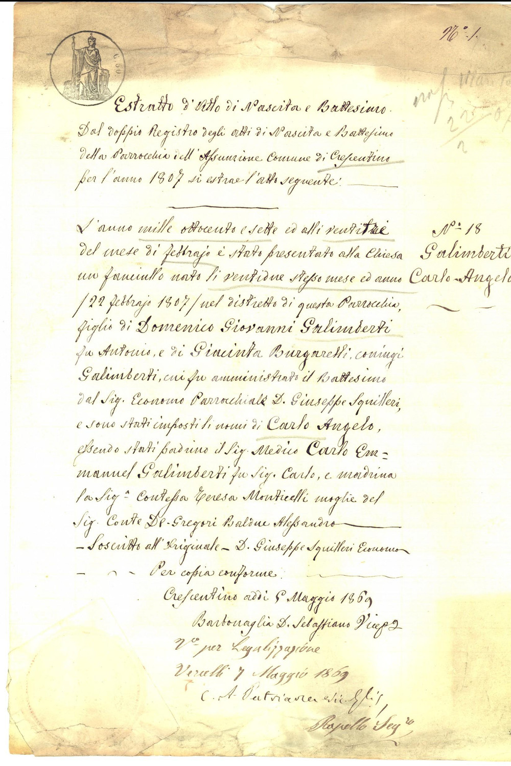 Documento originale, autentico 1807 CRESCENTINO VC Parrocchia ASSUNZIONE Battesimo Carlo Angelo GALIMBERTI 1