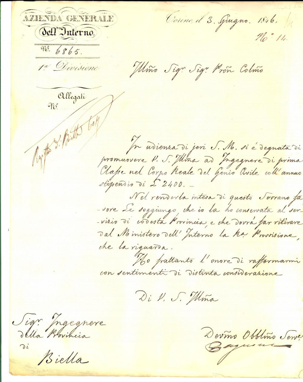 Documento originale, autentico 1846 TORINO Carlo GALIMBERTI ingegnere di 1 classe Autografo Carlo CAGNONE 1