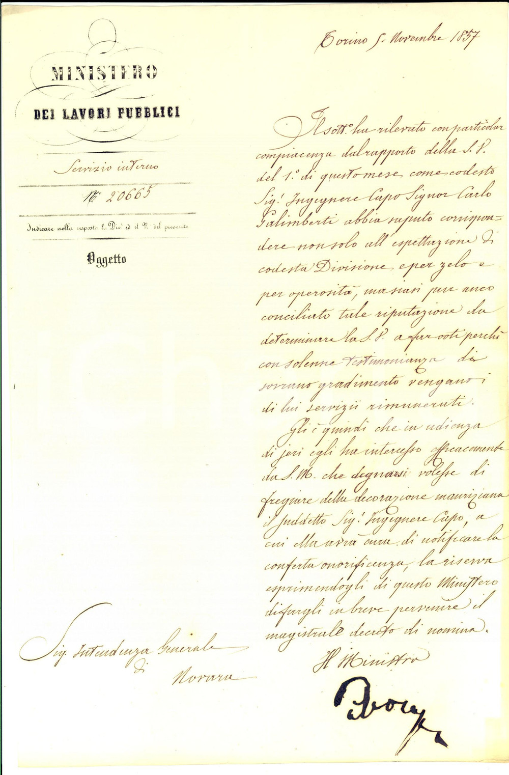 Autografo originale 1857 TORINO Pietro PALEOCAPA su nomina cavaliere Carlo GALIMBERTI Autografo 1
