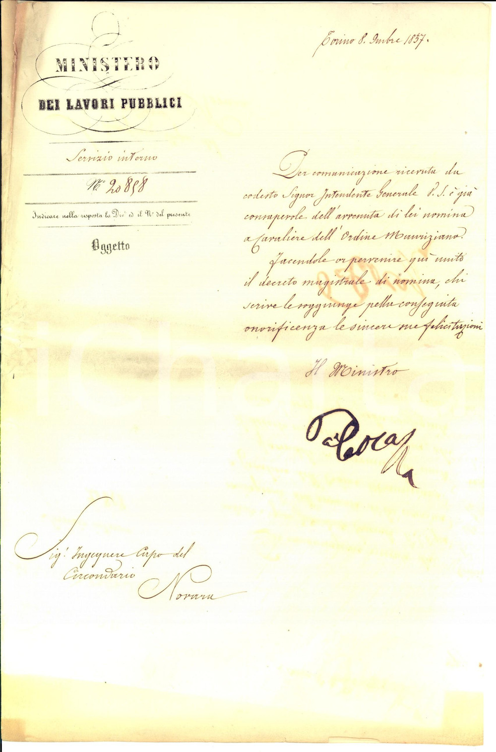 Autografo originale 1857 Carlo GALIMBERTI cavaliere Ordine Mauriziano Autografo Pietro PALEOCAPA 1