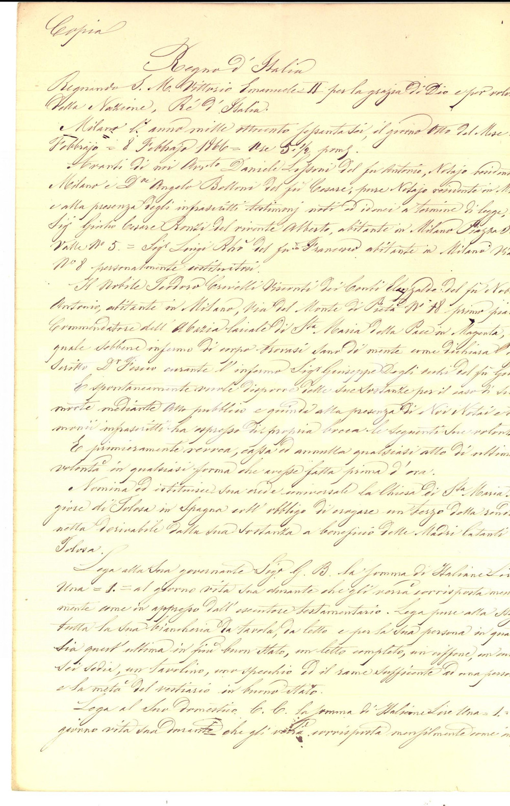 Documento originale, autentico 1866 MILANO Testamento Teodoro CRIVELLI VISCONTI pro Santa Maria Maggiore TOLOSA 1