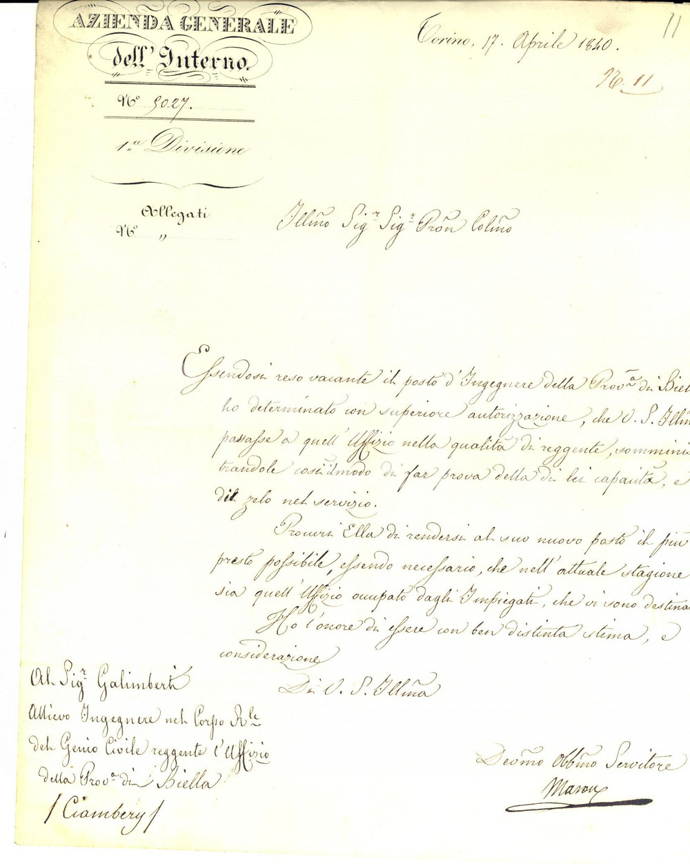 Documento originale, autentico 1840 TORINO Carlo GALIMBERTI ingegnere provincia di BIELLA Gioachino MARONE 1