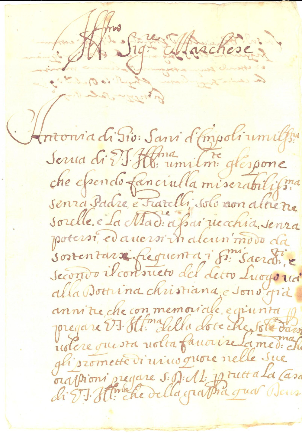 Documento originale, autentico 1728 EMPOLI Supplica per la dote di Antonia SANI fanciulla miserabilissima 1