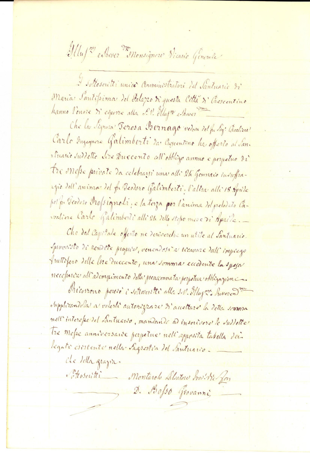 Documento originale, autentico 1900 ca CRESCENTINO Offerte di Teresa BERNAGO GALIMBERTI per messe di suffragio 1