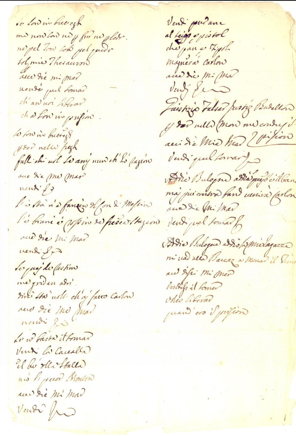 Oggetto da collezione cartaceo 1720 ca ANONIMO se son in buttegh Poesia dialettale MILANESE inedita 1