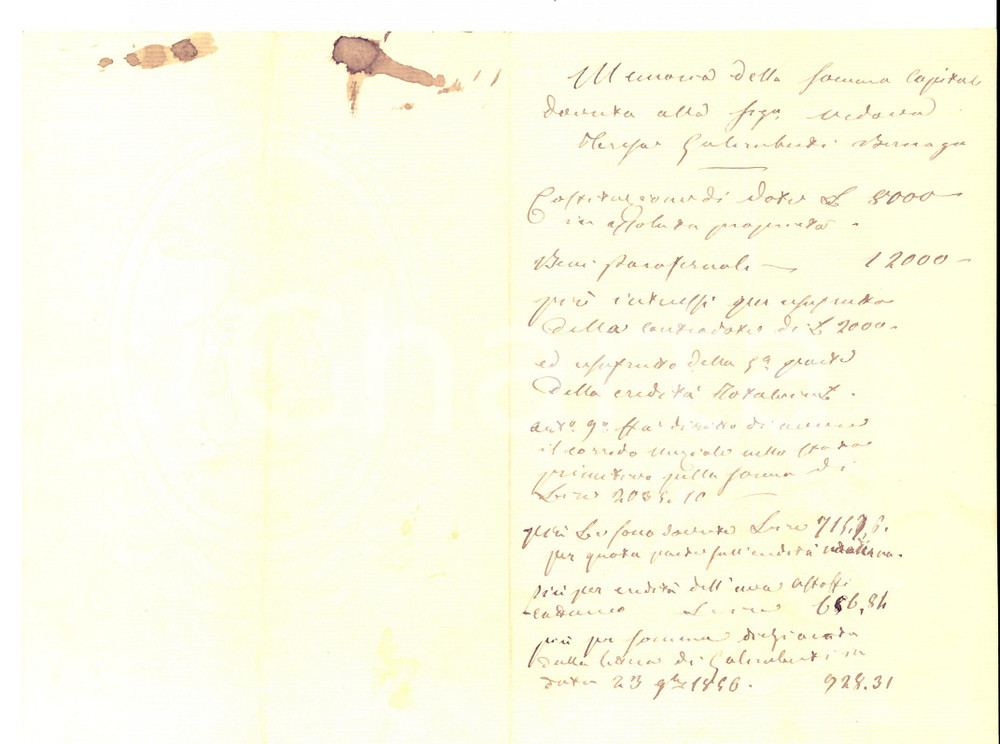 Documento originale, autentico 1856 MILANO Somme a Teresa GALIMBERTI BERNAGO Filigrana BERTOU Zar Alessandro II 1