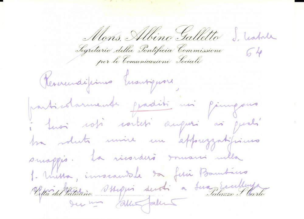 Autografo originale 1964 ROMA Auguri mons. Albino GALLETTO Pontificia Commissione Comunicazioni 1