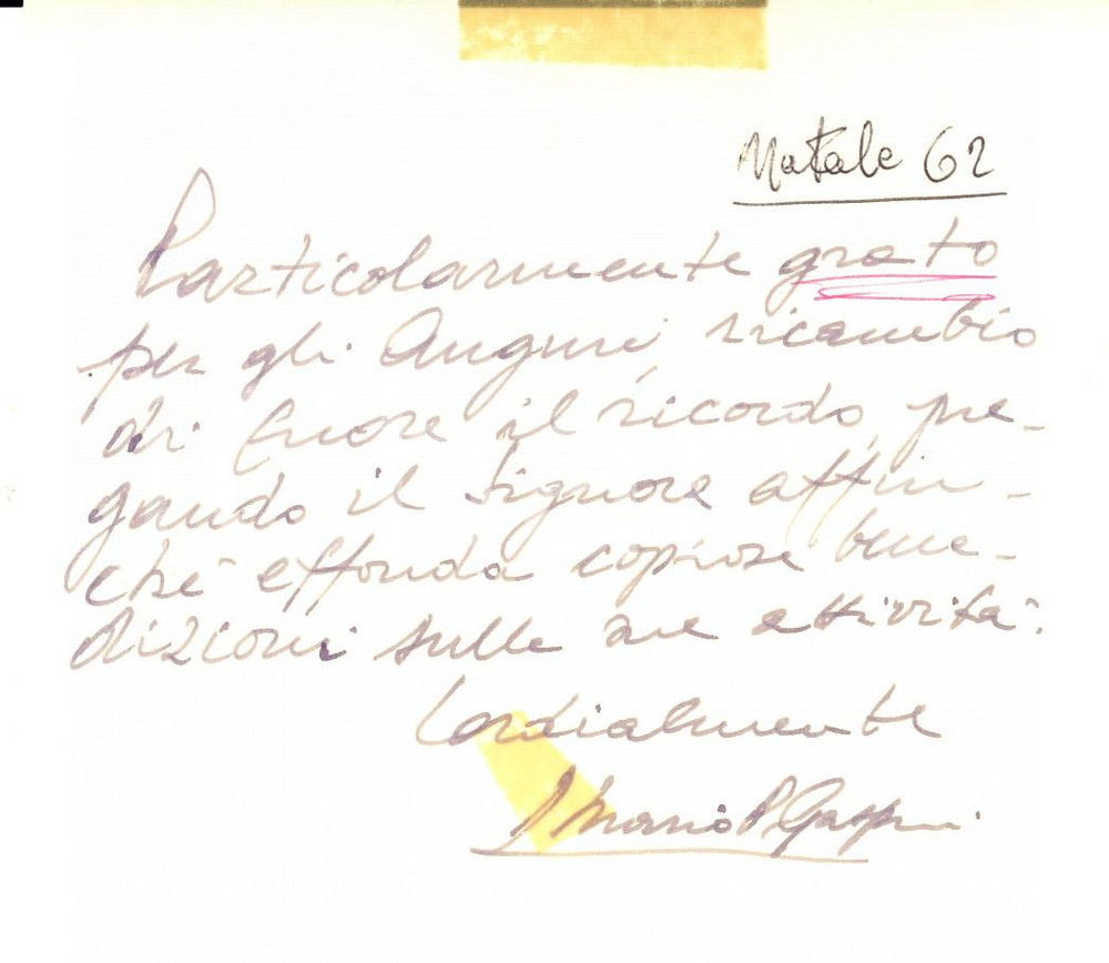 Autografo originale 1962 ROMA Auguri natalizi mons. Mario Pio GASPARI Biglietto AUTOGRAFO 1