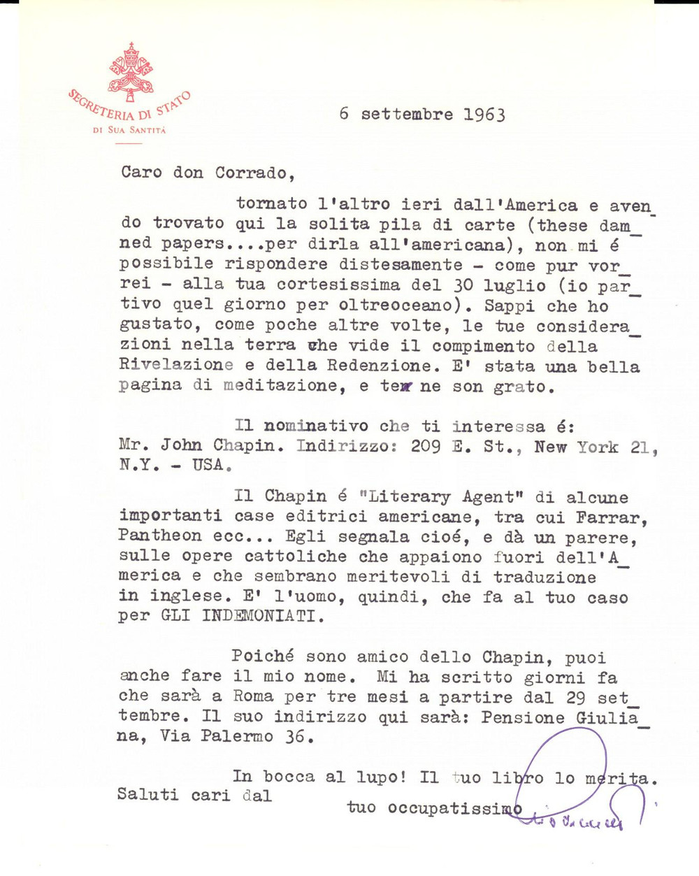 Autografo originale 1963 ROMA Mons. Alberto GIOVANNETTI su John CHAPIN literary agent Autografo 1