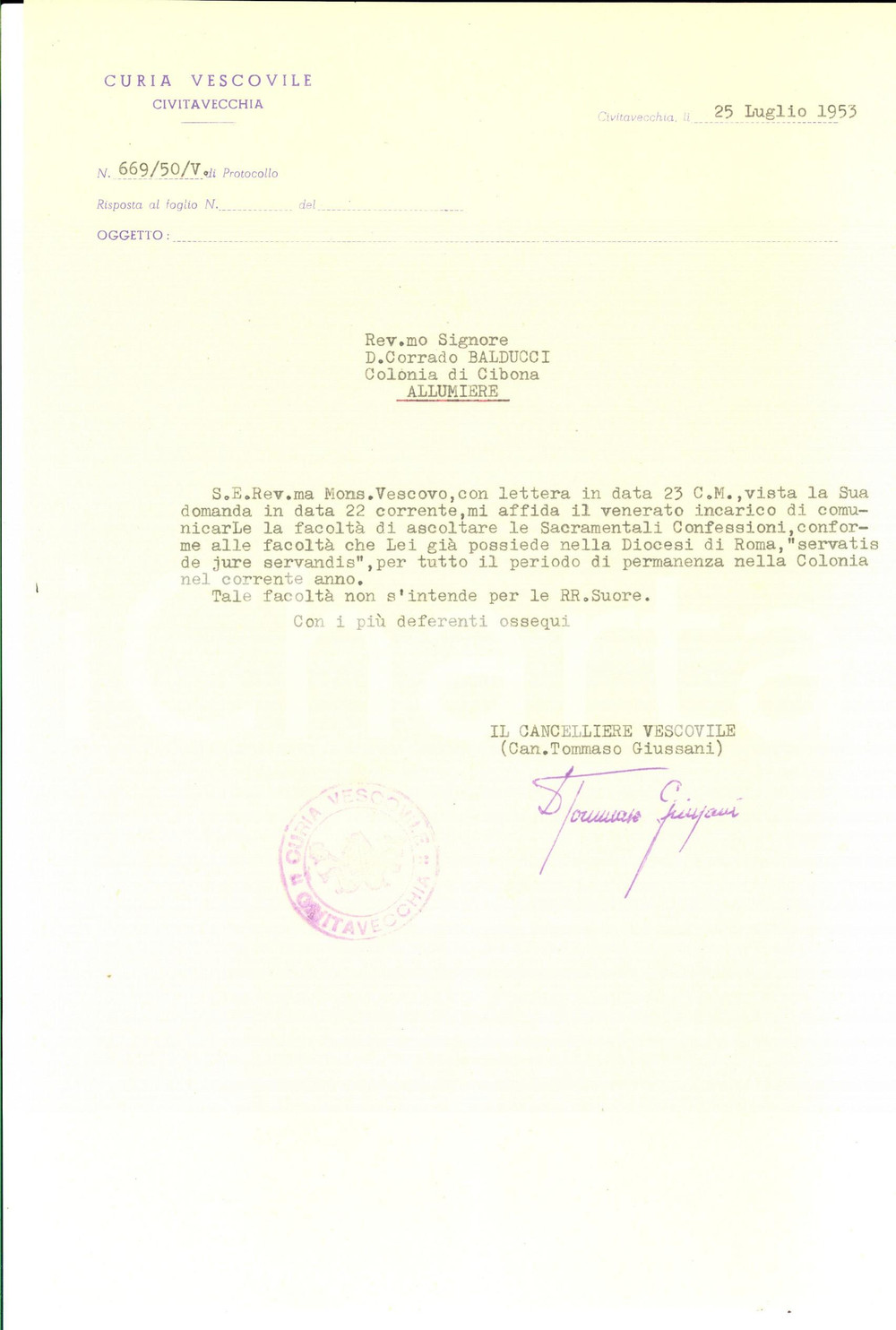 Autografo originale 1953 CIVITAVECCHIA RM Mons. Tommaso GIUSSANI sull ascolto delle confessioni 1
