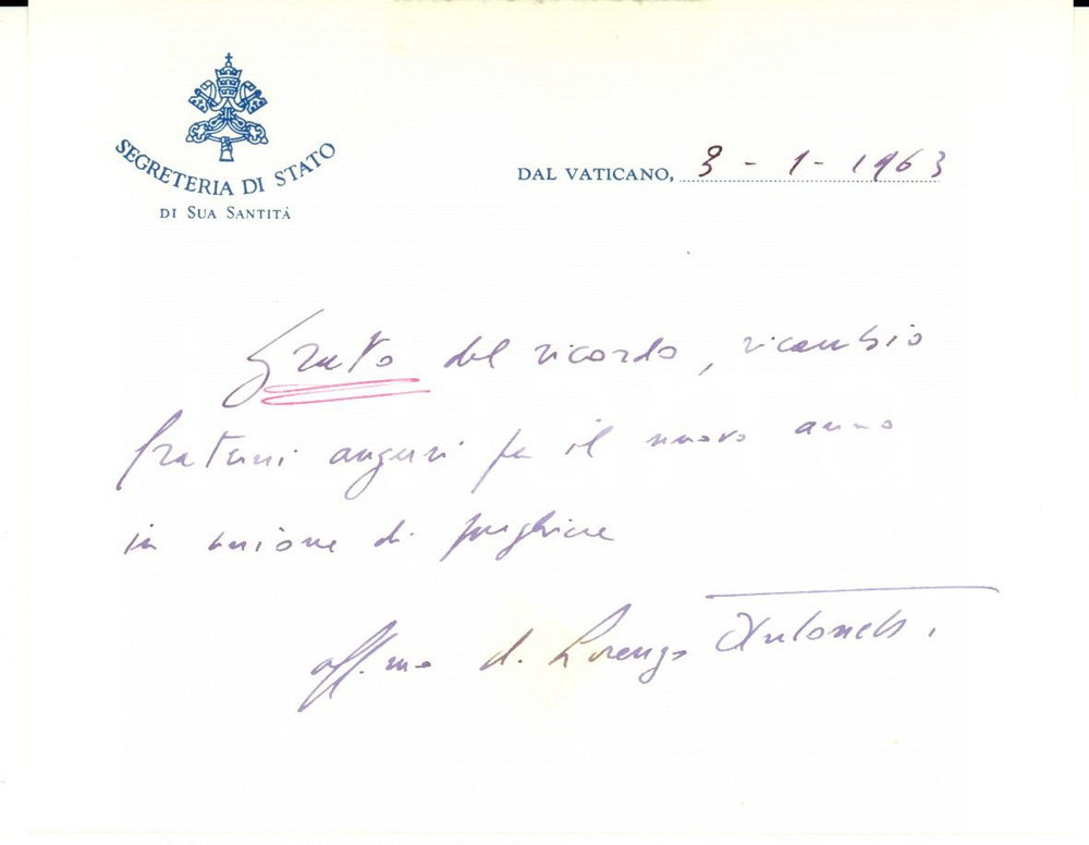 Autografo originale 1963 VATICANO Auguri mons. Lorenzo ANTONETTI arcivescovo Roselle Autografo 1