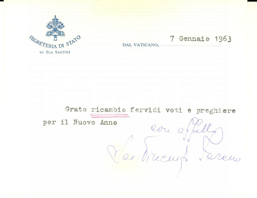 Autografo originale 1963 VATICANO Auguri mons. Vincenzo FARANO nunzio apostolico Autografo 1