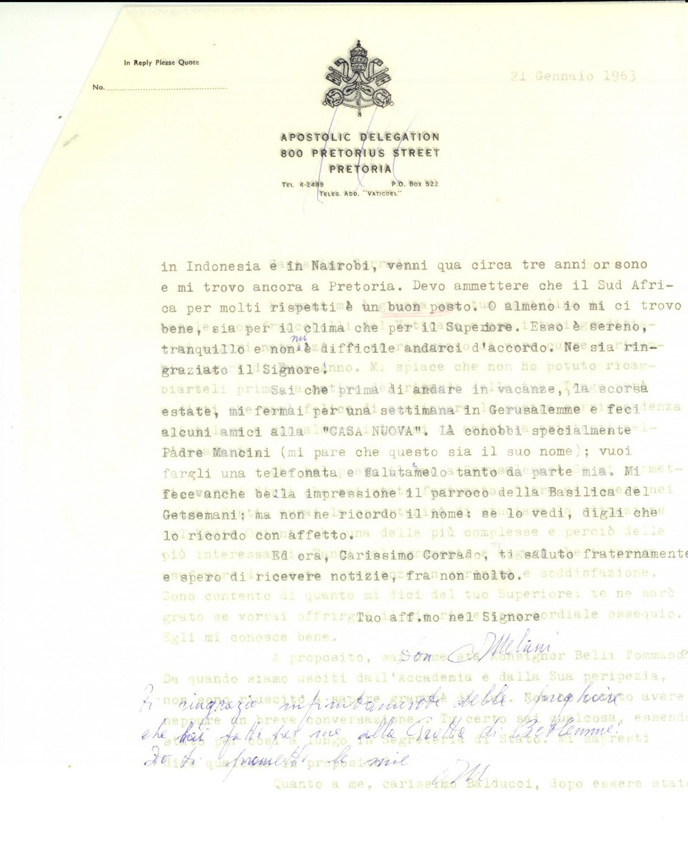 Autografo originale 1963 PRETORIA Mons. Orfeo MELANI si trova bene in Sudafrica Autografo 1