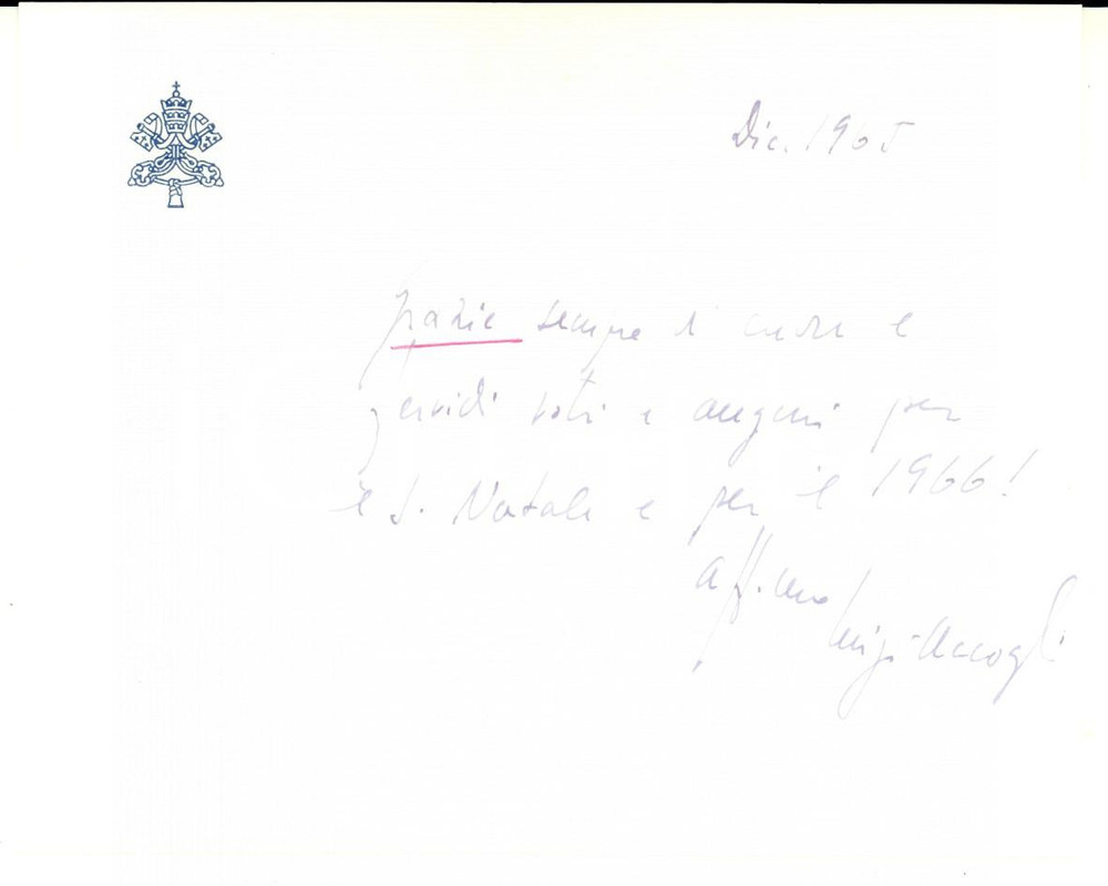 Autografo originale 1965 VATICANO Auguri mons. Luigi ACCOGLI nunzio apostolico Autografo 1