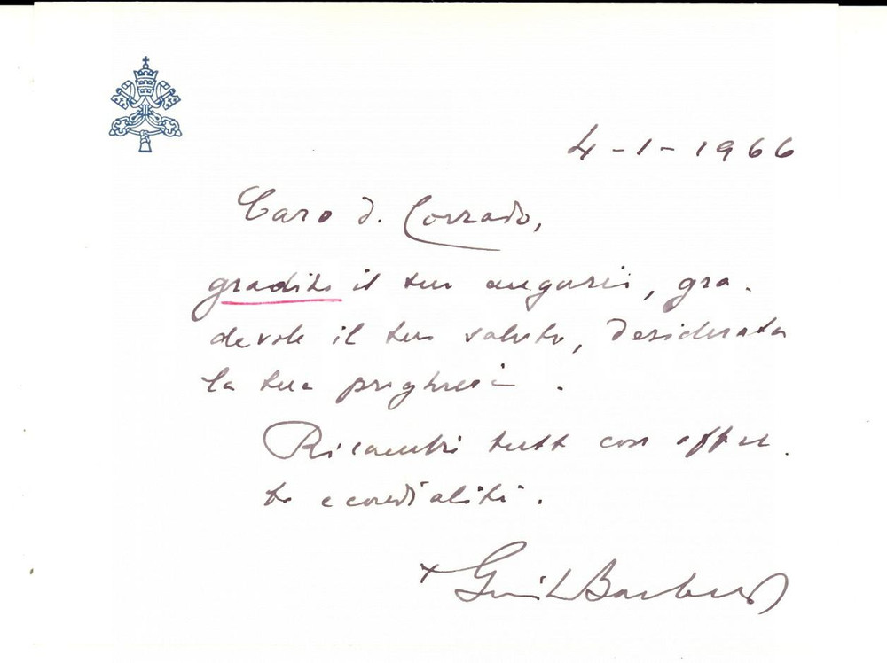 Autografo originale 1966 VATICANO Auguri mons. Giulio BARBETTA vescovo di Faran Autografo 1