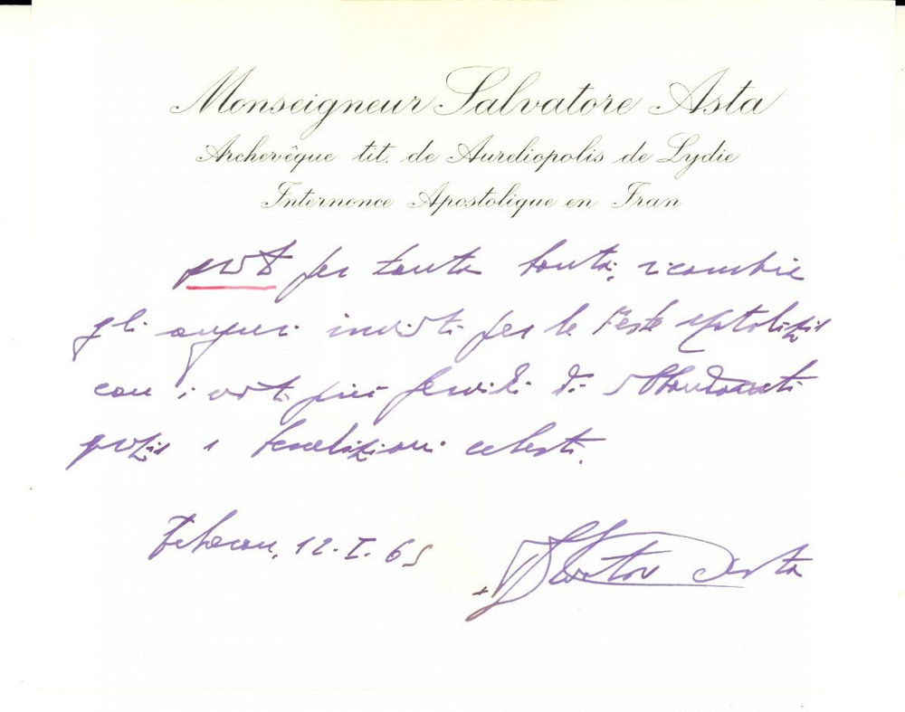 Autografo originale 1965 TEHERAN IRAN Auguri mons. Salvatore ASTA nunzio apostolico Autografo 1