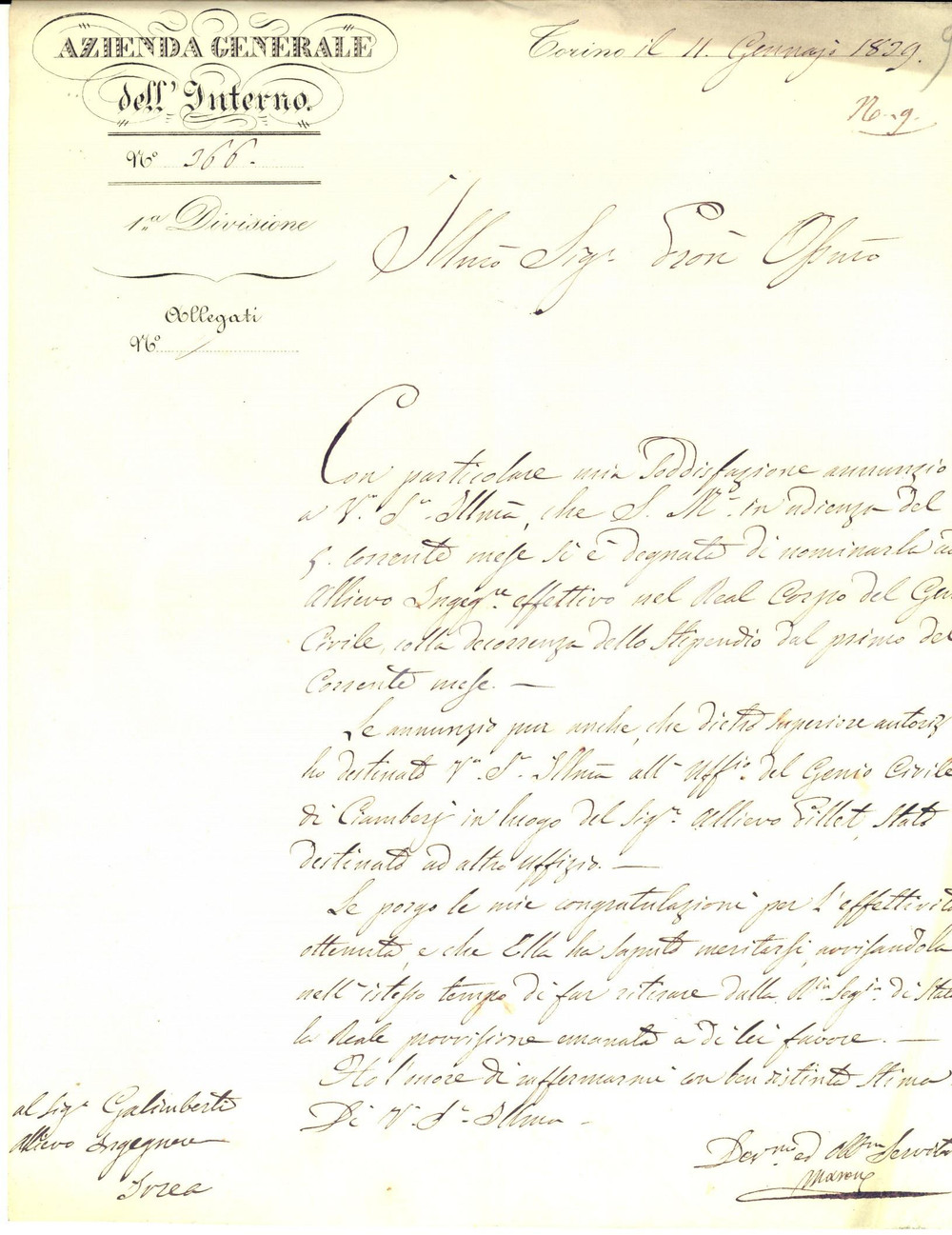 Documento originale, autentico 1839 TORINO Carlo GALIMBERTI ingegnere allievo GENIO CIVILE Gioachino MARONE 1