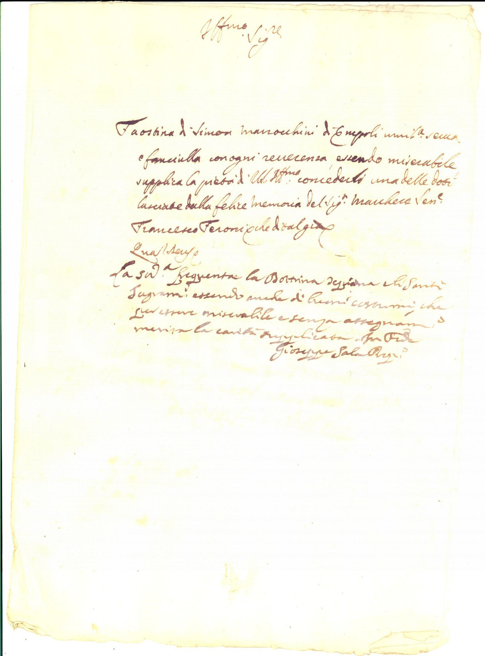 Documento originale, autentico 1718 EMPOLI Supplica per la dote di Faustina MAROCCHINI in miseria Manoscritto 1