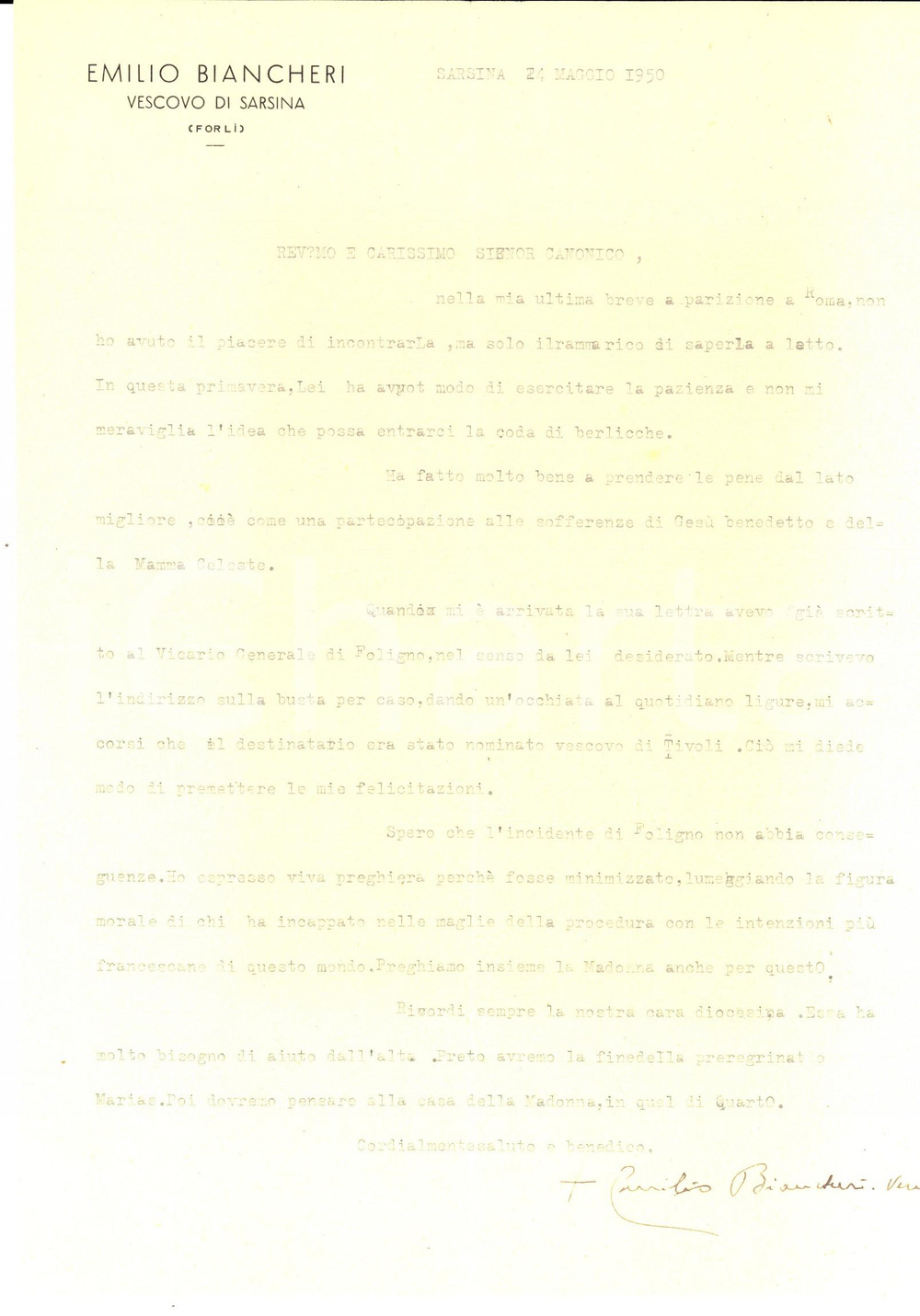 Autografo originale 1950 SARSINA Mons. Emilio BIANCHERI esorta a sopportare le sofferenze Autografo 1