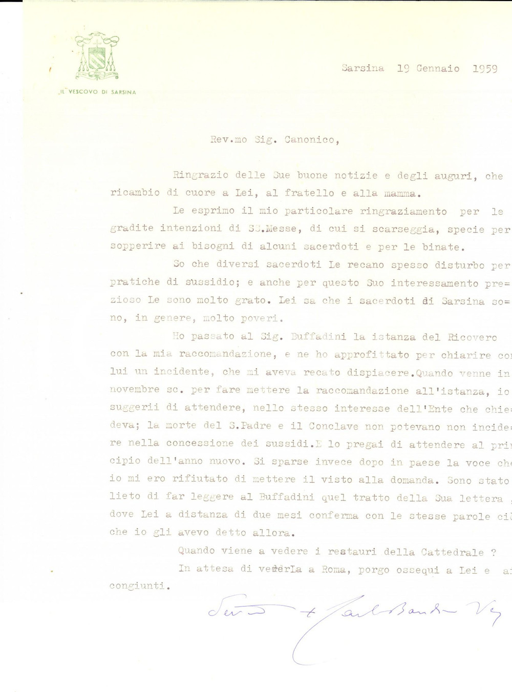 Autografo originale 1959 SARSINA Mons. Carlo BANDINI sui sussidi ai sacerdoti poveri Autografo 1